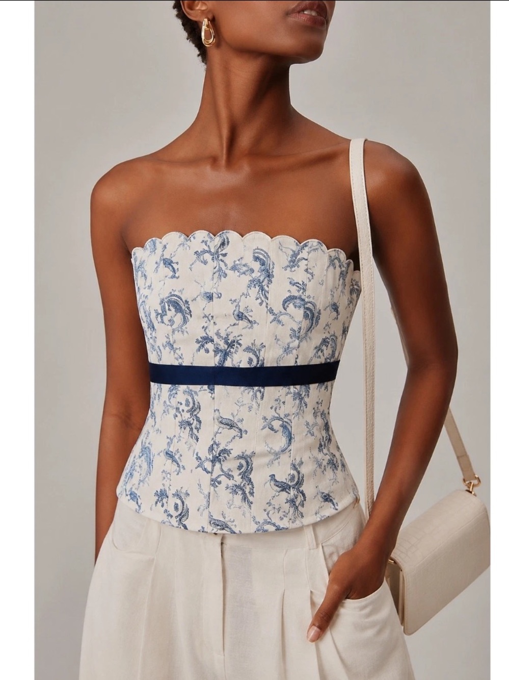 Reformation Evelyn Linen Corset Bustier Top Viva Blue Toile Print Size 8